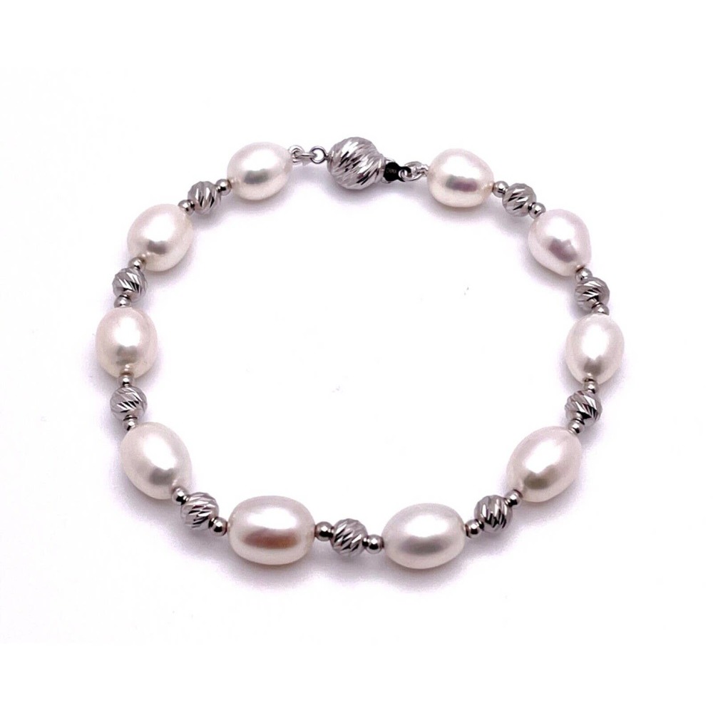 .925 Sterling Silver Diamond Cut Bead & Cultured Freshwater Pearl 8” Bracelet